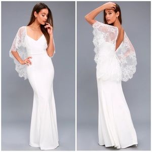 Lulu’s Amelie white maxi dress with lace cape wedding dress